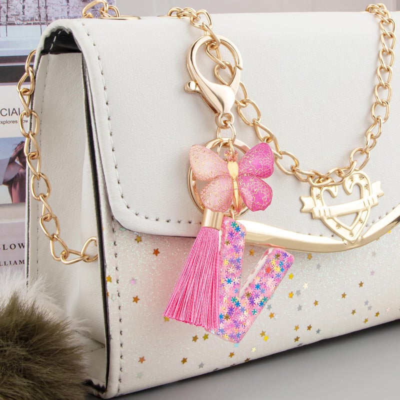 Suweibuke Cute Pink Key Chains for Women Girls, Initial Letter Keychains with Tassel, Charms for Key Purse Handbags Backpacks - Image 3